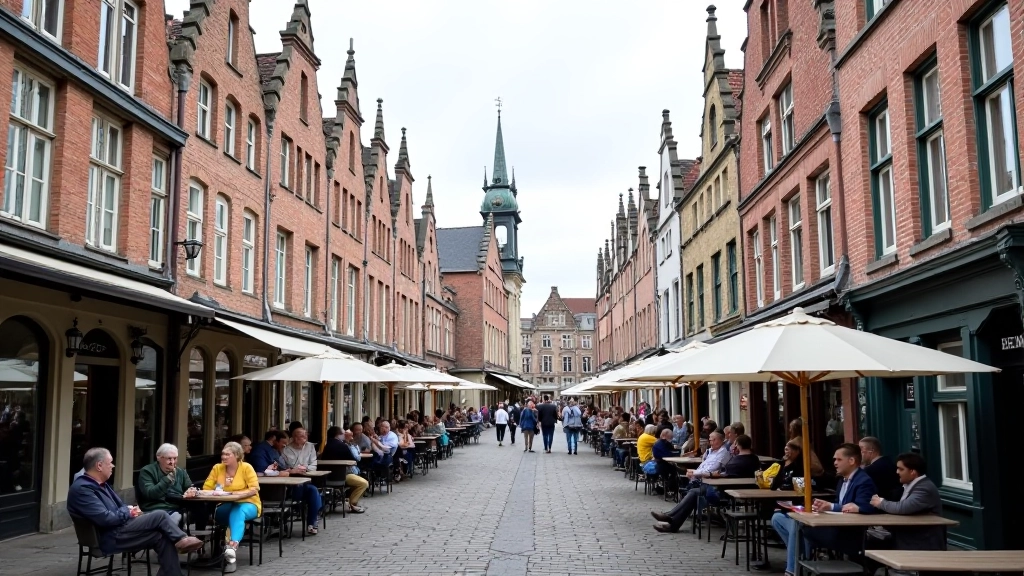 Historische huizen rond Marktplein, geveltoppen en ramen met toeristenzitkruk en terras