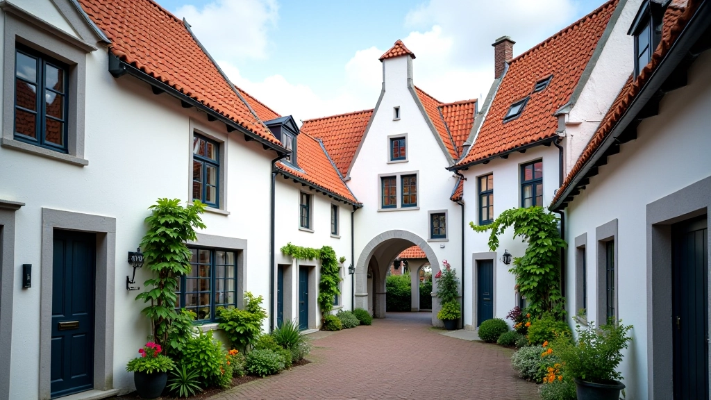 Witgekalkte huisjes van het Begijnhof met rode dakpannen en houten deuren