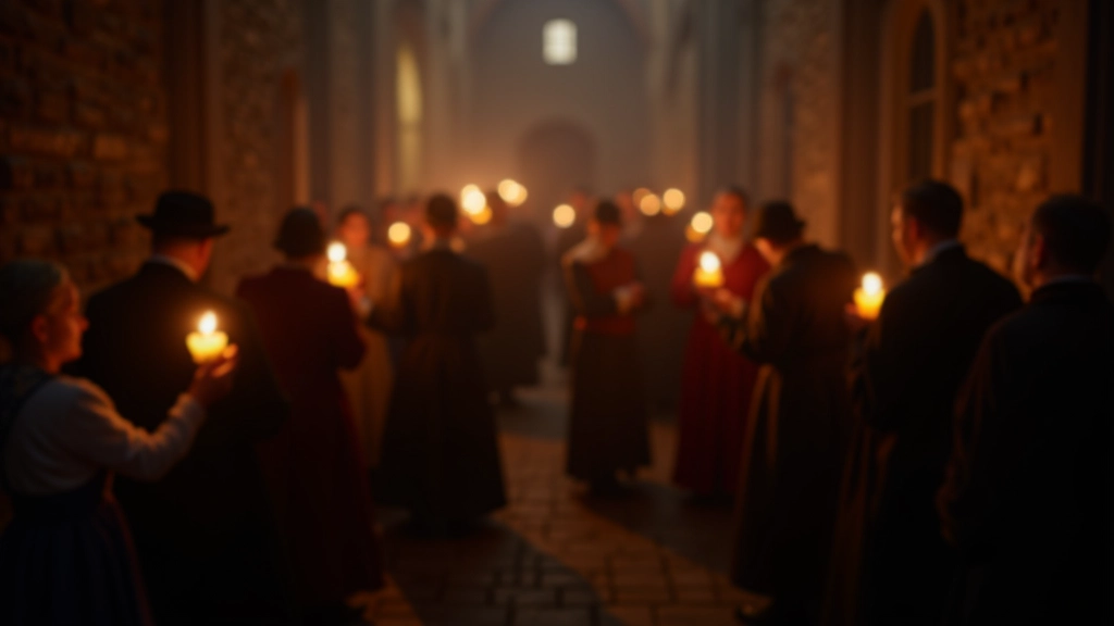 Middeleeuwse religieuze processie en kerkmensen in historische kledij