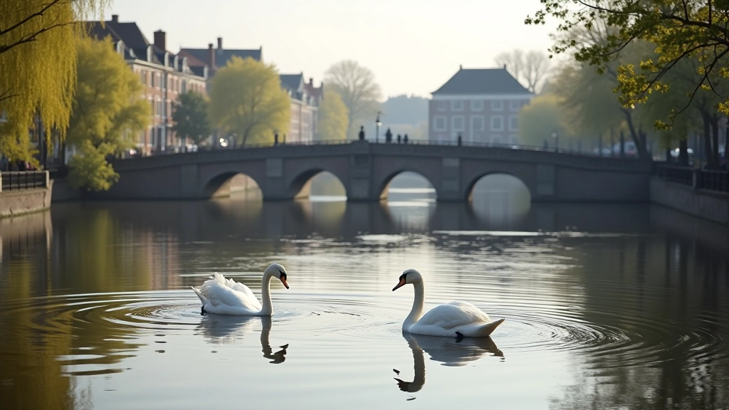 Minnewater met zwanen en oude bruggen, rustige waterspiegeling en historische gebouwen op de achtergrond