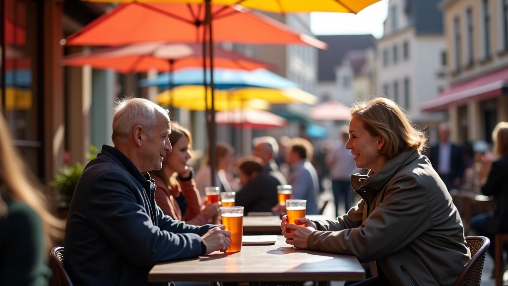 Terras op Marktplein met parasols, bezoekers die koffie drinken, achtergrond met historische architectuur