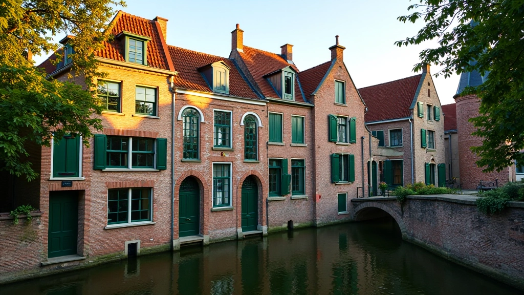 Schilderachtige grachtenhuizen met groene luiken en reflecties in het kalme water