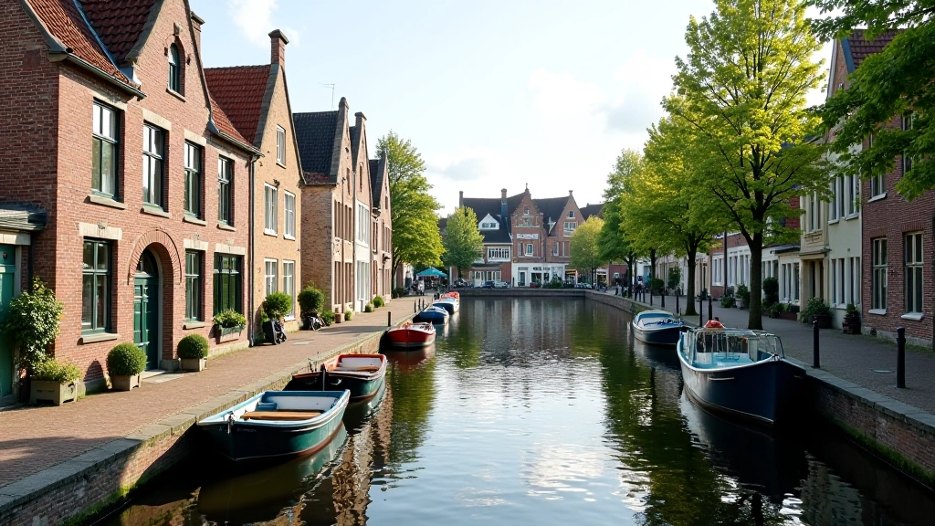 Spiegelrei gracht met schilderachtige huizen en boten aangemeerd langs het water